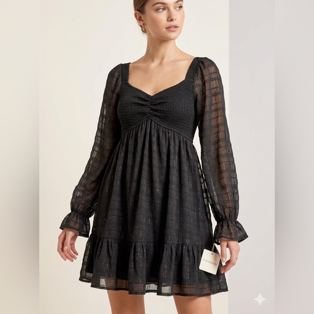 Women's Black Smocked Bust Long Sleeve Mini Dress